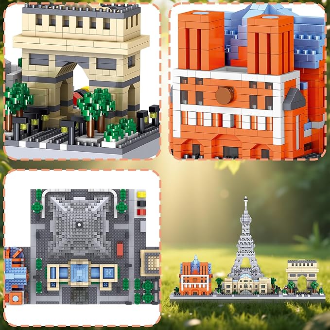 Architecture Paris Skyline Micro Mini Blocks Building Set,Eiffel Tower and The Louvre Assembly Collection Model Kit 3D Toy for Adult (2462PCS)