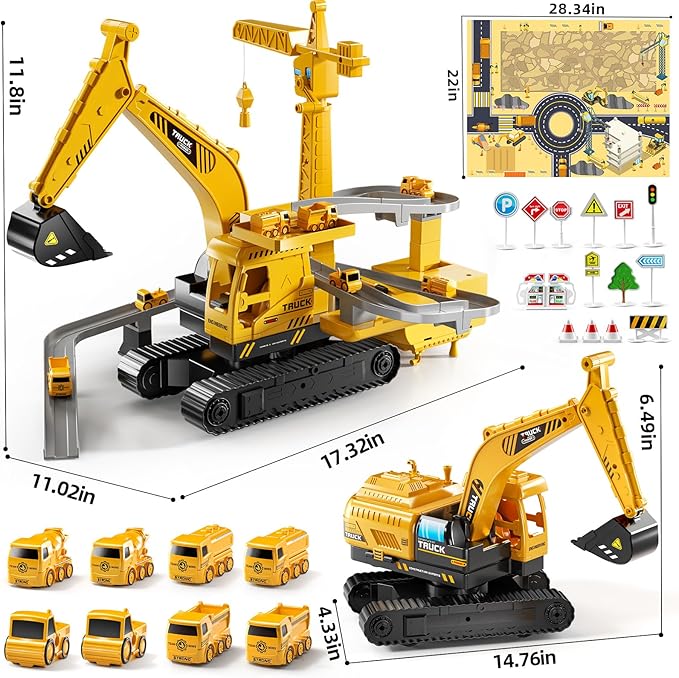 Construction Excavator Toys for Boys 3-5 Year Old - Engineering Digger Race Tracks with Excavator Crane, Car Sand Toys with Light Sound, Birthday Gifts for Toddlers Boys Girls Age 3 4 5 6