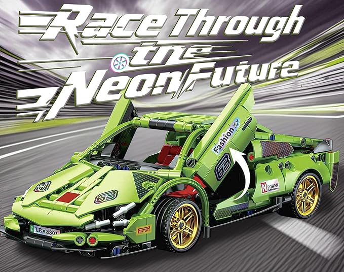 Sosuy Building-Block Race-Car Set, 1:18 Technical Model Kit 586 Pcs DIY Green Pull-Back Toy for Boy Girl Kid Age 6+ Year, Birthday Gift for Teen Adult Display, Speed Super Sports Cars Bricks Icons