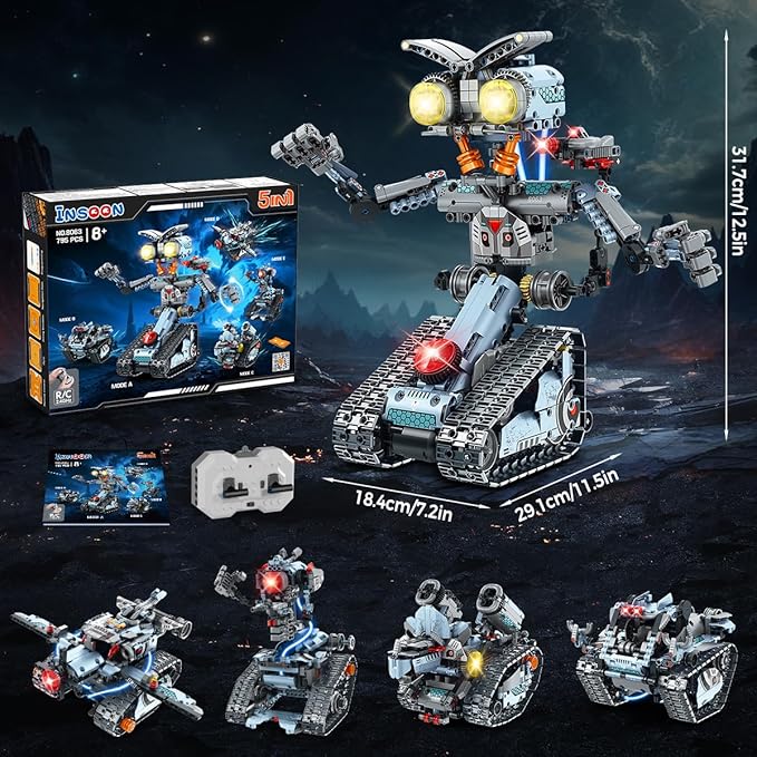 Robot Building Toy with Lights, 5 in 1 Robotic Building Set with APP & Remote Control, RC Tech Tracked Tank Car Fighter Jet Model Kit 795 PCS, Educational Gift for Kids Boys Girls Ages 14+