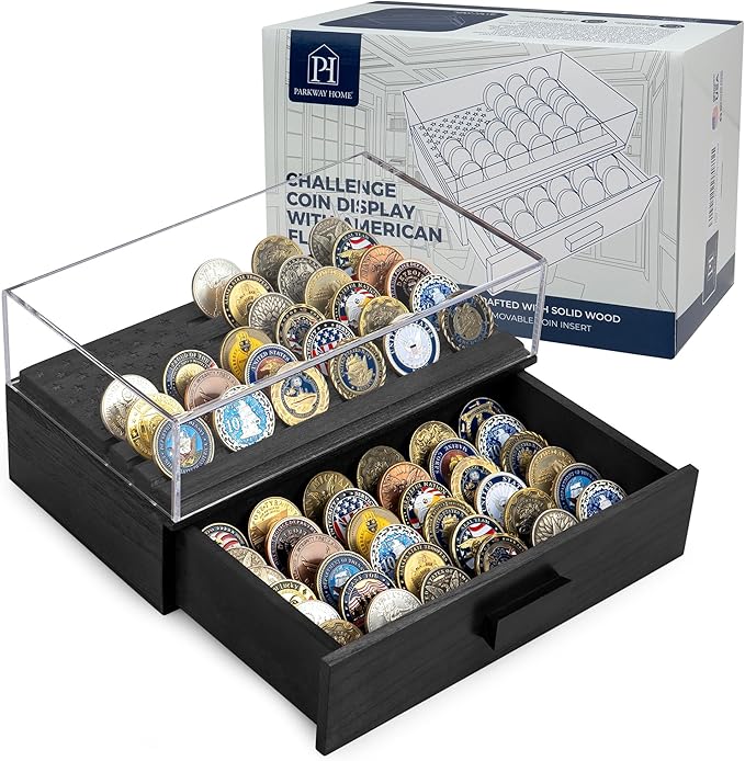 Black Military Challenge Coins Display Holder with American Flag,Solid Wood Challenge Coin Stand with Drawer,Challenge Coin Display Case for Collector, Military Coin Holder Rack for Desk