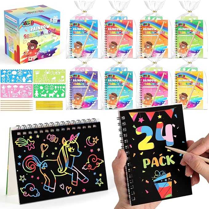 LovesTown Scratch Art Party Favors for Kids, 24 Pack Rainbow Scratch Notebook Craft School Supplies for Goodie Bags Stuffers Classroom Prizes Birthday Gift