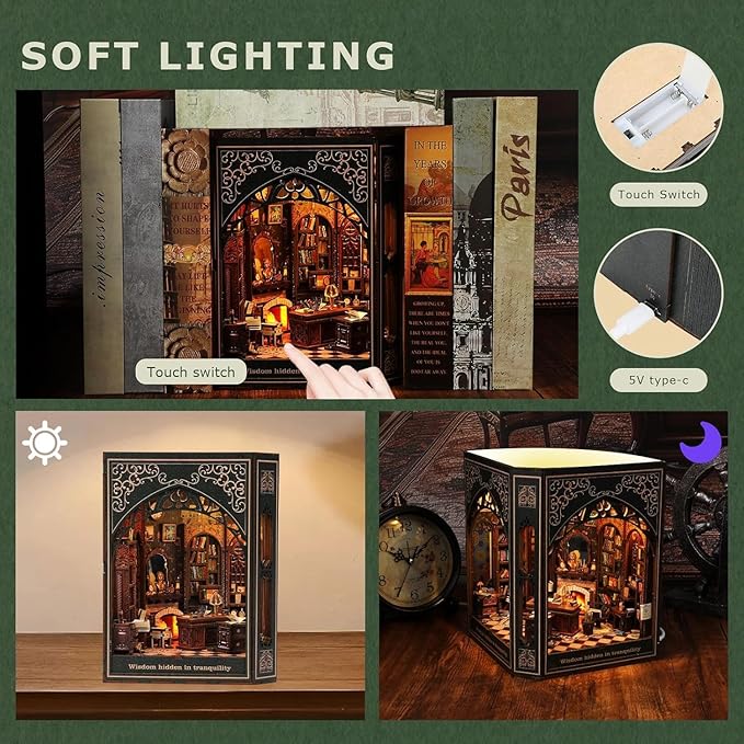 Book Nook Kit,Type-C Charging Dollhouse for Bookshelf, Desk, Shelf, and Nightstand Decor, Perfect for Home Decor and Gifts (Classical Library)