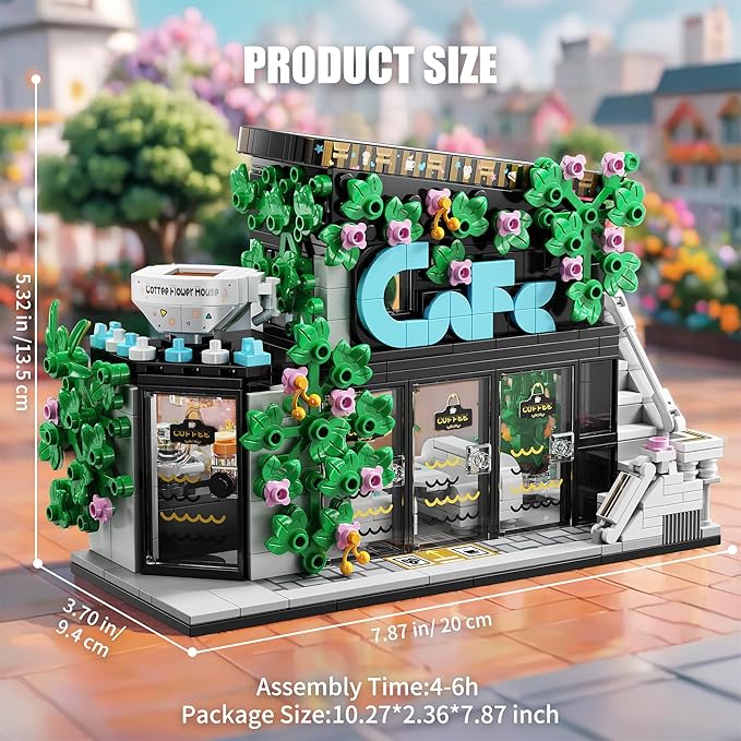 Flower Coffee Shop Building Block Set with LED Lights,STEM Cafe House Building Toys,Coffee Garden House Architecture Model,Birthday Gift for Adults Boys Age 8-12(564Pcs)