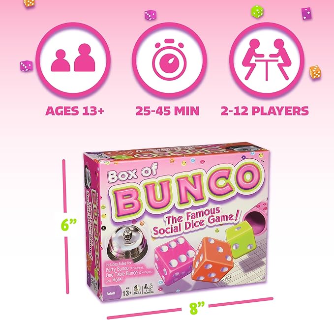 Continuum Games Box of Bunco Game Party Box for Ladies Night with The Girls, Adult Games for 2-12 players with 3 Sets of Bunco Dice, Bell, and Score Pad for Ladies Night Games, Bunco Gifts for Women