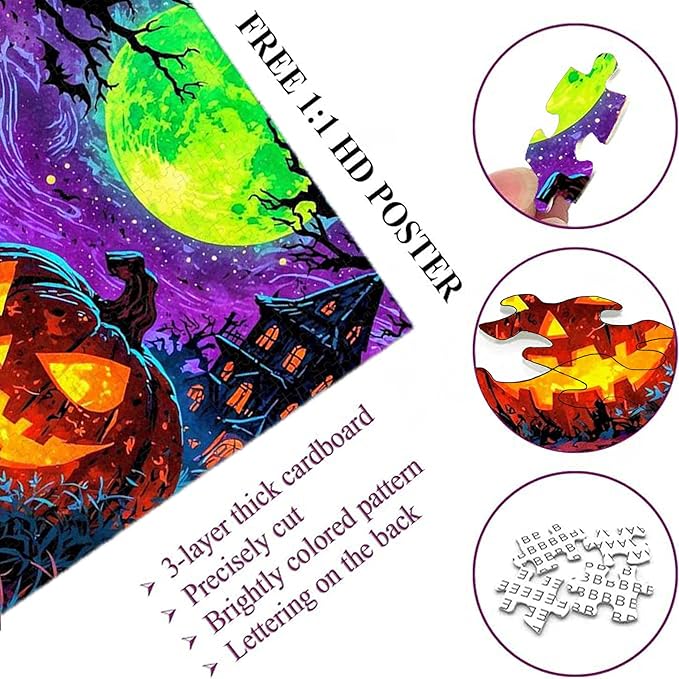 500-piece Halloween - Scary Pumpkin Graveyard Adult Wooden Puzzle, Intellectual Challenge, Stress-Relieving Puzzle, Relaxing Family Activity, Decoration, Size: 20.5 x 15 in