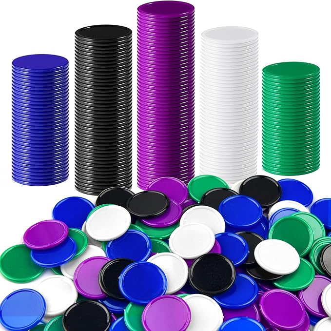 Coopay 500 Pieces Plastic Learning Counters Disks Bingo Chip 5 Colors Counting Discs Markers for Math Practice and Poker Chips Game Tokens Kids Reward, 1 Inch (White, Blue, Black, Green, Purple)