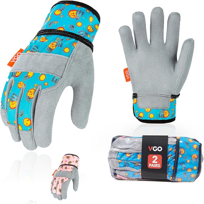 Vgo... 2Pairs 6-7 Years Kids Gardening Gloves,Children Yard Work Gloves,Soft Safety Outdoor Playing Gloves(Size KID:L,2 Color,KID-MF3561)