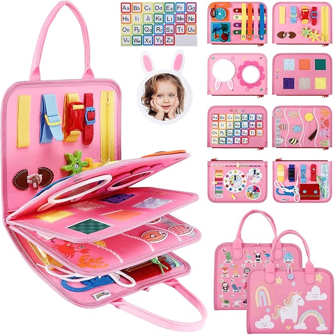 Busy Board for Toddlers, Sensory Board Travel Toys Gifts for 1 2 3 4 Year Old Girls Boys, Montessori Toys to Learn Fine Motor Skills, Educational Activities Busy Book for Airplane Car (Pink)