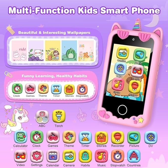 Kids Smart Phone for Girls Christmas Birthday Gifts for Girls Age 3 4 5 6 7 8 9 10 Kids Toys Smart Cell Phone 2.8" Touchscreen Built-in 32G SD Card Dual Camera 28 Toddler Learning Games Music Player
