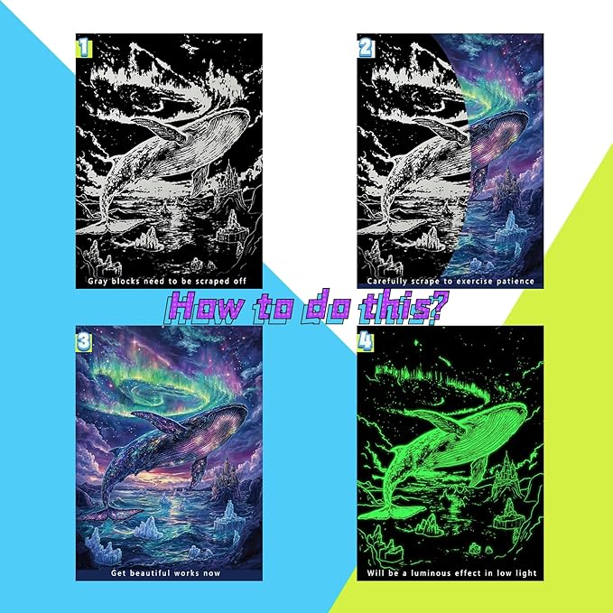 Scratch Paper Art for Adults-Glow in The Dark Scratch Painting Craft Kit (8 Sheets A4)|Foil Engraving Art Set|Stress Relief Gift for Craft Lovers|Creative Scratch Art Home Decor(Whales&Jellyfish)