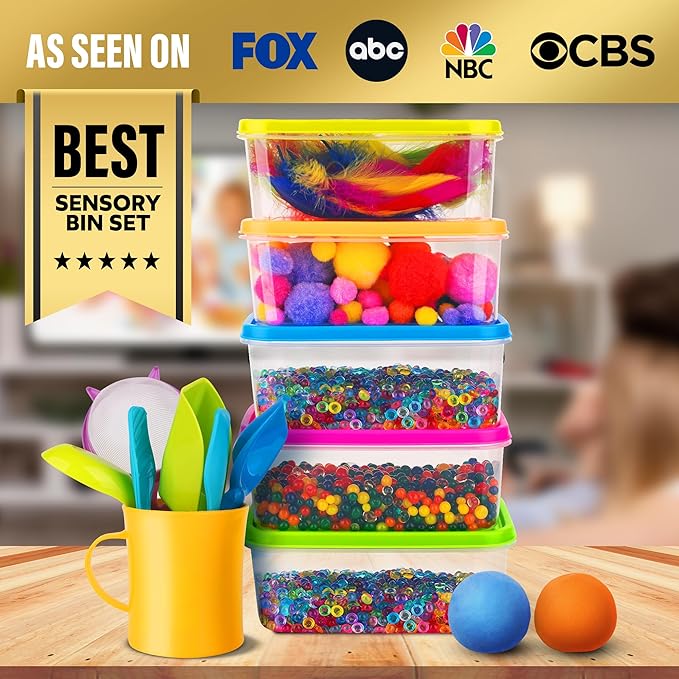Sensory Kit for Toddlers and Kids - Includes 6 Bins with Lids, Play Tools, Sand, Feathers, Clay, Color Beads and Pom Poms Kids Box Fillers (2 Pack)