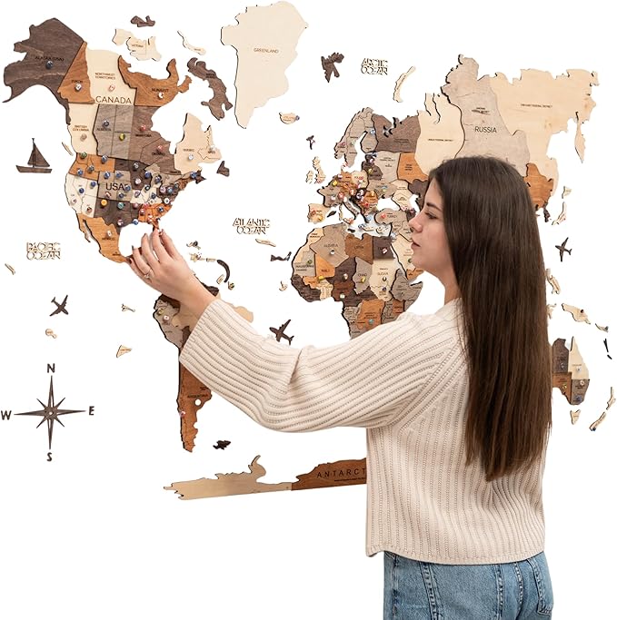 Enjoy The Wood 3D Wood World Map Wall Art Large Wood Wall Décor Housewarming Gift Idea Wall Art World Travel Map For Home & Kitchen or Office (Multicolored, M)