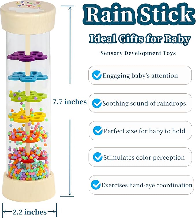 Wooden Rain Stick Montessori Toys for Babies 6-12 Months, Rain Sticks for Kids, Baby Rattle Sensory Developmental Musical Toy with Calming Rain Sounds, Toddler Educational Gift for 1 Year Old - 7.7"