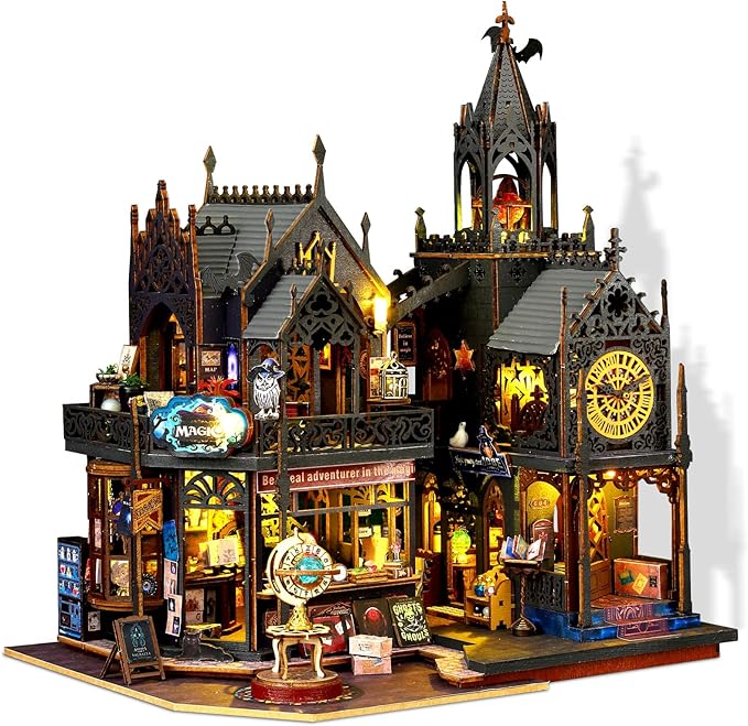 Miniature House Kit Magic City Ⅱ, DIY Miniature Dollhouse Kit for Adults, Tiny House Unique Decor with LED Lights, Wooden Craft Mini Model Kits, Birthday Gift for Teens Family Friends