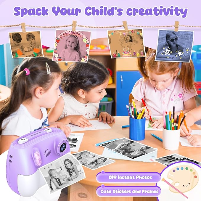 Instant Print Camera for Kids Christmas Birthday Gifts for Girls Boys HD Kids Digital Video Cameras for Toddler, Portable Toy for 3 4 5 6 7 8 9 10 11 12 Year Old with 32GB & 250 Print Paper, Purple