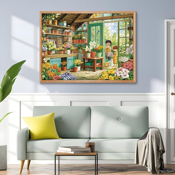 500 Piece Jigsaw Puzzles for Adults, Cozy Flower Shop with Children Puzzles for Adults, Fun and Challenging Puzzle for Family Time, Relaxing Gift for Adults, Kids, Seniors, 20.5 x 15 in
