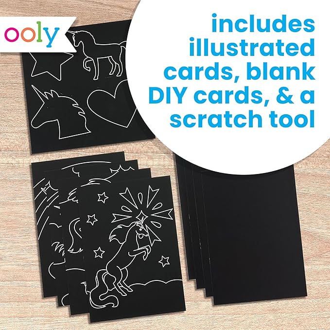 Ooly Scratch & Scribble 10pc Art Kit with 8 Total Scratch Cards (4 Illustrated, 2 Blank, 2 Rainbow) with Scratching Tool and Sparkled Stickers, Art Set Gifts for Kids - Unicorns