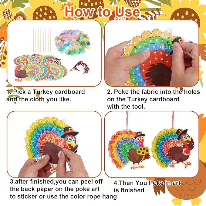 Fennoral 12 Pack Thanksgiving Turkey Crafts Kit for Kids Make You Own Turkey Poke in Arts and Crafts DIY for Boys Girls Classroom Activities Fall Decoration
