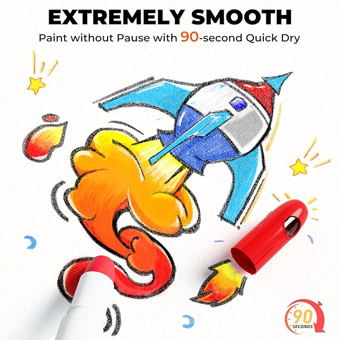 18 Colors Rocket Tempera Paint Sticks with 120 PDF Coloring Pages, Quick Drying, Non-Toxic and Washable Paint Sticks for Kids and Students, Art Supplies for Drawing on Paper and Canvas