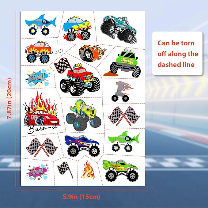 75 PCS Truck Temporary Tattoos for Kids, Groovy Metallic Styles Tattoos for Truck Wheels Birthday Party Supplies Racing Car Checkered Flag Trophy Flame Fake Tattoo Stickers for 5 6 7 8 Years Old Boys