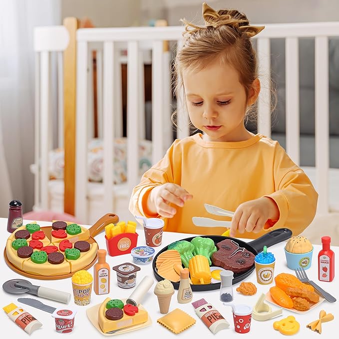 Pretend Food for Toddlers, Play Food Sets for Kids Kitchen with Frying Pan, Pretend Play Kitchen Accessories for Kids, Learning & Educational Toy for Girls Boys