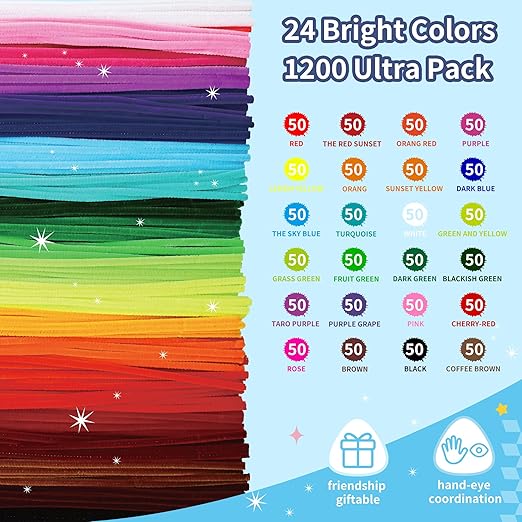 1200 Pcs Chenille Pipe Cleaners for Crafts – 24 Assorted Colors Fuzzy Sticks, DIY Art Supplies for Kids, Classroom Projects & Decorations