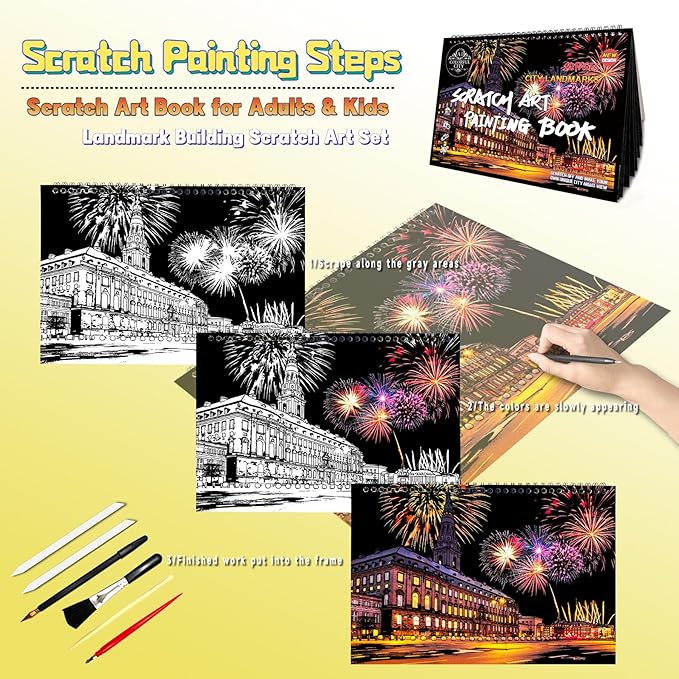 Scratch Art Book for Adults-Landmark Building Scratch Art|Scratch Painting Paper Craft Kit|Creative Foil Engraving Art Set|Scratch City Series Books for Travel Lovers,Craft Lovers(New City 1)