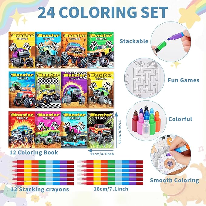 BenLouis 12 Monster Truck Mini Coloring Books Kids with 12 Stacking Crayons Car wheels Party Favors Small Activity Books Bulk for Kids Monster Truck Party Gift Goodie Bag Stuffers
