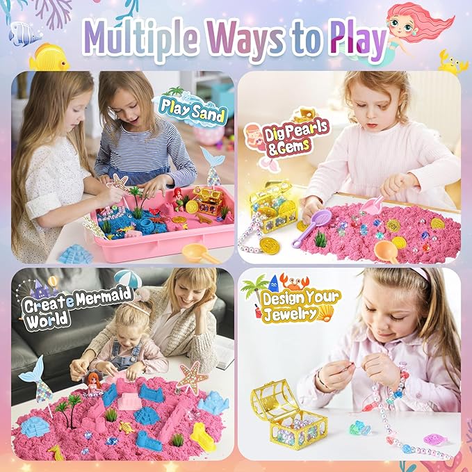 Mermaid Sensory Bin,Play Sand Art Kit for Girls and Boys with 2.2lbs Sensory Play Colored Sand,Treasure Accessories and Sandbox,Beach Toy Christmas Birthday Present for Kids Ages 3 4 5 6 7 8