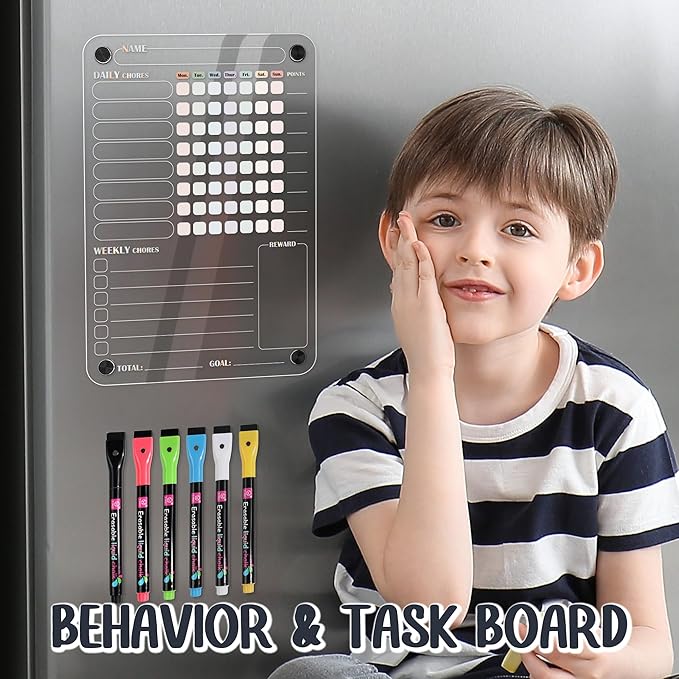 Acrylic Magnetic Chore Chart for Kids Multiple Kids, Clear Chore Board for Fridge Refrigerator, Behavior Reward Responsibility Chart, 2 Dry Erase Chores Chart for Kid with 6 Markers & Anti-Scratch Pad