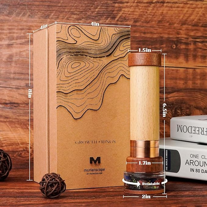 Growth Rings Wooden Kaleidoscope Full Screen Effect,6.5" Handmade Brass Rotatable Oil-Filled Core Box Nature Kaleidoscope Kit,Vintage Gift Box,Anniversary Birthday Gift for Man Woman
