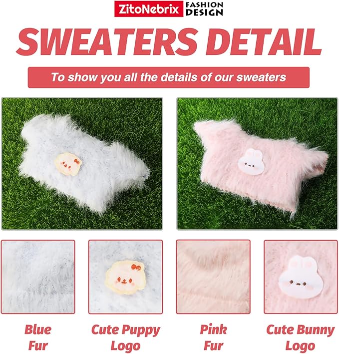 2 Sets of Clothes for Doll, 8 Pcs Accessories for 17cm & 15cm Outfits (No Doll), Double Joy Twin Pack - Fluffy: Blue hat + Blue Clothes + Pink hat + Pink Clothes + 2 White Scarves + 2 White Trousers