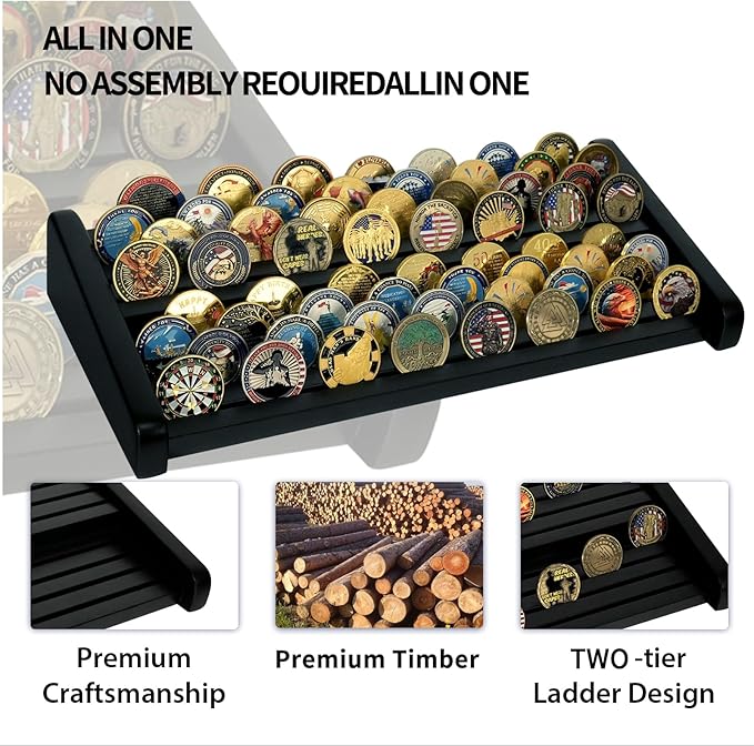Challenge Coin Display Holder, 8 Rows Solid Wood Military Coin Stand Holds 60-70 Coins, Army Coin Display Rack for Desk (Black Finish)