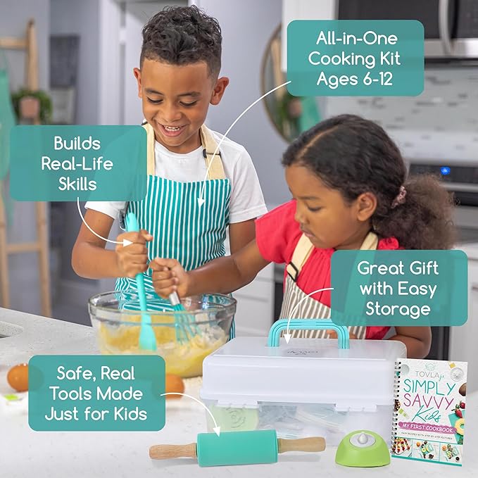 TOVLA JR Kids Real Cooking and Baking Ultimate Gift Set | Montessori Kid-Safe Knives, Apron, Visual Cookbook, Timer, Storage Case & Tools | Premium Christmas & Birthday Gift for Girls & Boys Ages 4–12
