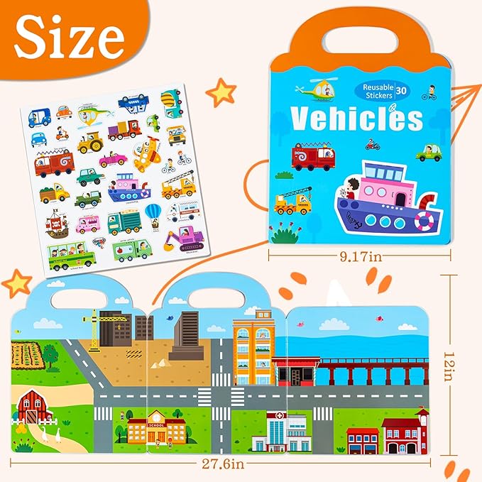 Magnetic Reusable Sticker Book for Kids Ages 3-6, Vehicles Truck with City Playboard Refrigerator Magnet Educational Learning Toys Travel Magnet Stickers Activity Books for Toddler Girls Boys Age 3+