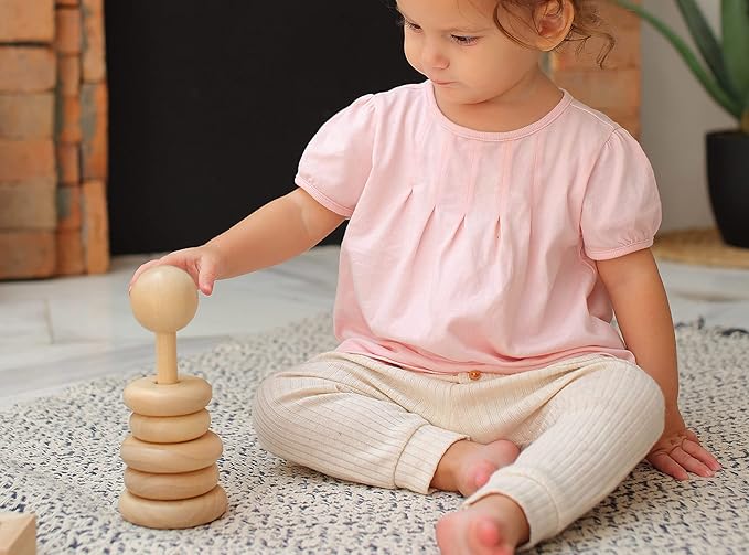 PlanToys Wooden Stacking Rings Baby Toy - Sustainably Made from Rubberwood Featuring Organic-Pigment Coloring and Water-Based Dyes with Collapsible Central Rod for Safety