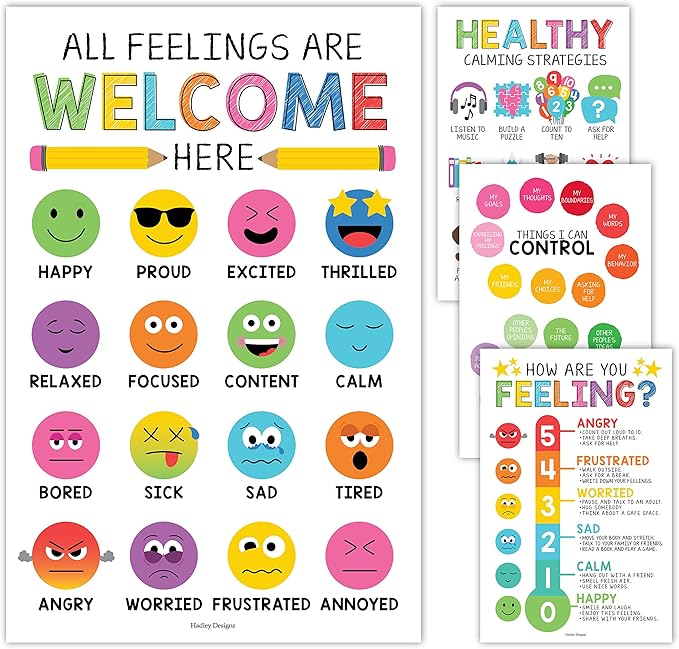 Hadley Designs Feelings Chart For Kids Ages 4-8 - Emotions Chart For Toddlers 3-5, Counseling Feelings Posters For Classroom Calming Corner, Social Emotional Learning Posters, Colorful Classroom Decor