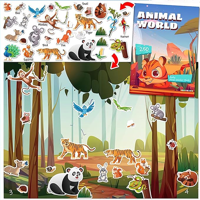 Sticker Book for Kids, 230+ Dinosaur & 250+ Animal Stickers & 16 Scenes, Reusable Activity Sheet, Seek and Find Sticker Coloring Pad, for Boys Girls Toddlers Ages 2-4 4-8 Years Old 3-5 6-7