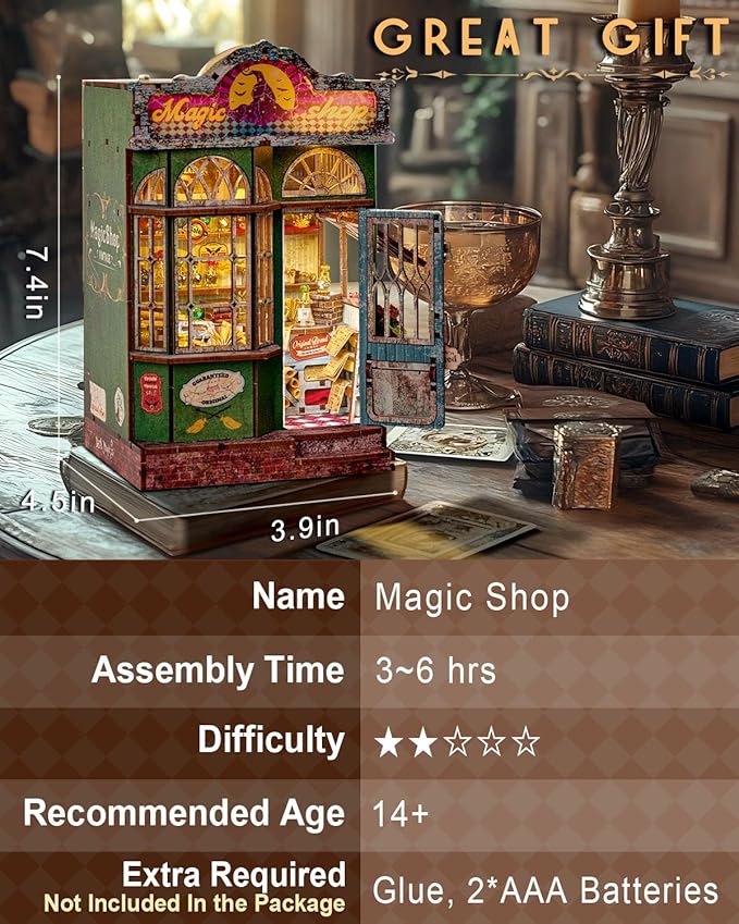 Book Nook Kit – Magic Shop DIY Miniature House with LED Lights, 3D Wooden Puzzle for Adults, Teens & Beginners – Bookshelf Decor Gift for Book Lovers & Families