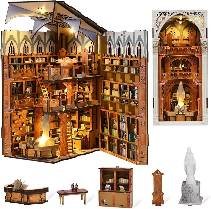 DIY Book Nook Kit, Miniature Dollhouse Booknook Kit, 3D Wooden Puzzle for Teens and Adults, Bookend Bookshelf Insert with LED Light (Public Library)