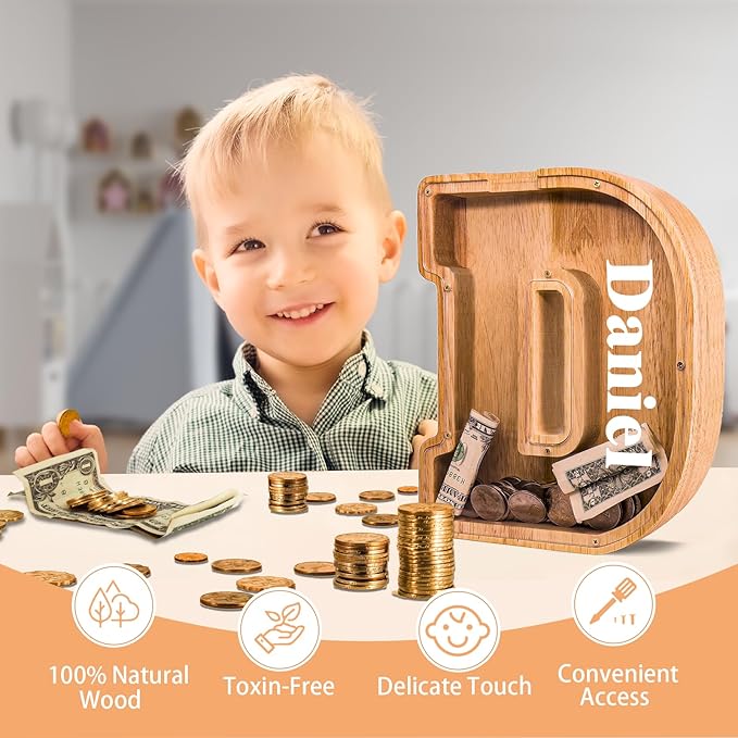 Wooden Letter Piggy Bank for Kids Larger Letter Piggy Bank for Boys and Girls Personalized Piggy Bank Initial Coin Bank Wood Kids Money Bank for Birthday and Festival
