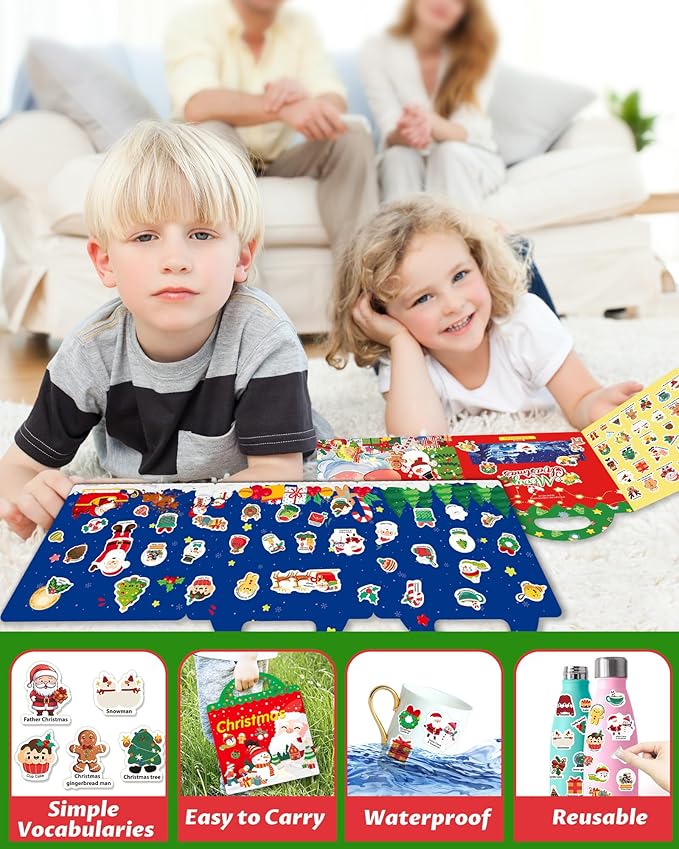 Reusable Sticker Book for Toddlers 2-4 Years, Stickers for Kids, Toddler Sticker Book Ages 1-3, Toddler Craft Activities, Toddlers Travel Toys Ages 2+ Boy Girl Birthday Gifts - Christmas