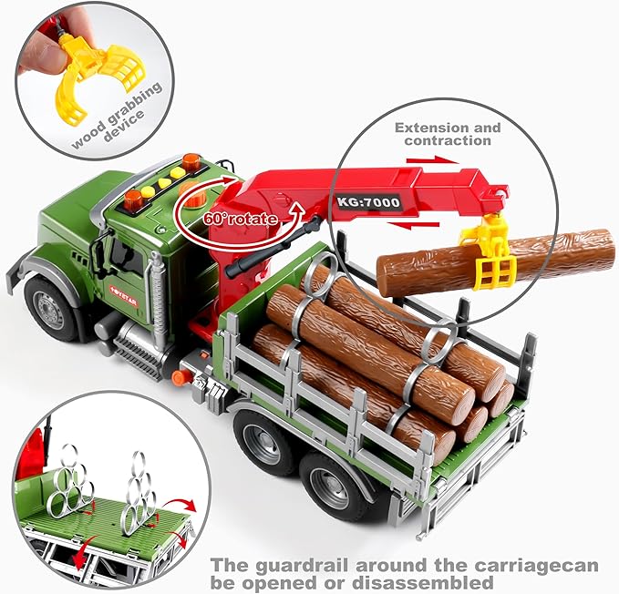 Dwi Dowellin Kids Toys for 3 4 5 6 7 Years Old Boys,15" Large Timber Truck with Loading Crane and 6 Trunks,Birthday Gifts for Boy Toddler Child