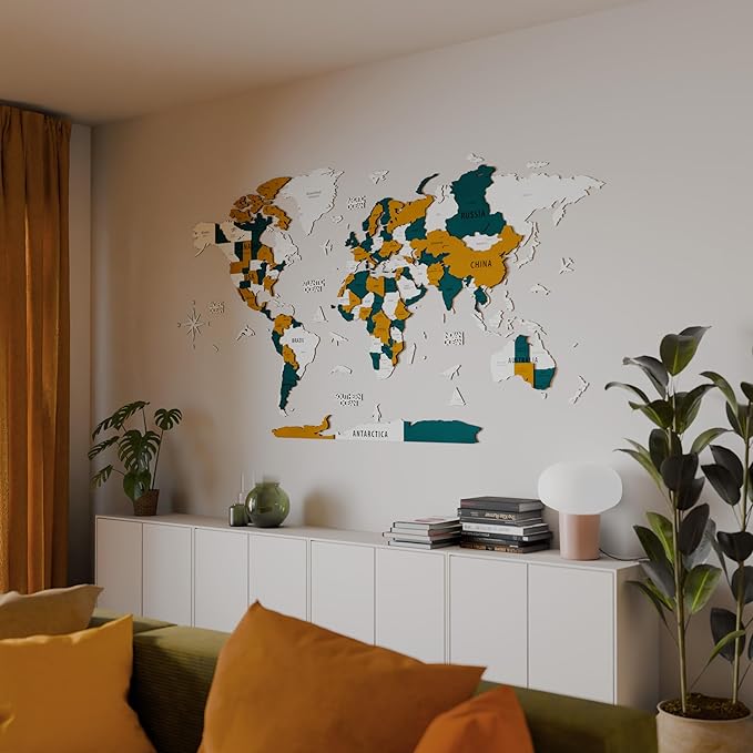 Colorfull Worlds 3D Wooden World Map Wall Art | Unique Wall Decor with Pins for Travel Enthusiasts | Home and Office Wall Décor | Gold-Blue | Medium