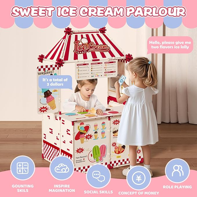 Icecream Cart for Kids,30 Pcs Pretend Play Food Truck, Fort Building STEM Toys Kit ,Ice Cream Shop,Grocery Store Pretend Play,Kids Toys for Girls & Boys(Ages 3+)