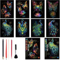 Georgie Porgy Scratch Paper Art Set for Kids Adults Magic Rainbow Scratchboards for DIY Arts and Crafts Kits Christmas Birthday Gift with Scratching Tools Kit (A4-Noctilucent Butterfly + Peacock)