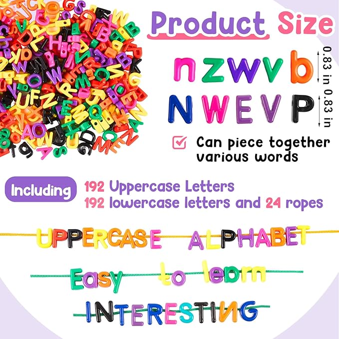 Wesiti 408 Pcs Lacing Letters Alphabet Learning Toys Toddler ABC Alphabet Beads Lacing Sports Skills Toys for Preschool Games Homeschool Supplies Early Spelling (Lowercase Uppercase Letters)