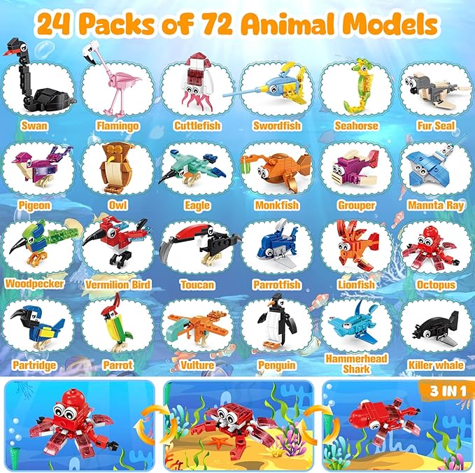MOONTOY 48 Packs Party Favors for Kids, 3-in-1 Mini Animals Building Blocks Sets for Easter, Birthday, Goodie Bag Stuffers, Classroom Prizes for Boys Girls Ages 3-12