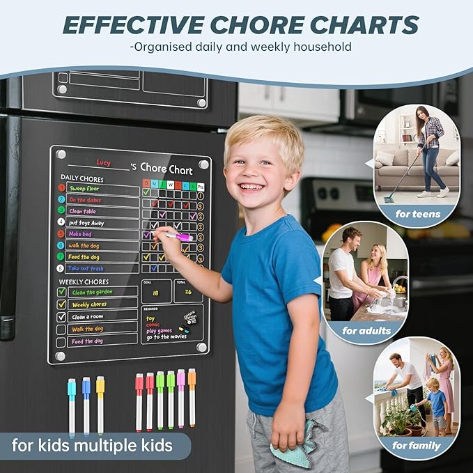 Acrylic Magnetic Chore Chart for Kids, 9.5"x12" Behavior Reward Responsibility Chart for Kids/Teens/Adults Chore Chart for Multiple Kids, Reusable Chore Checklist & Responsibility Tracker (1 Pack)